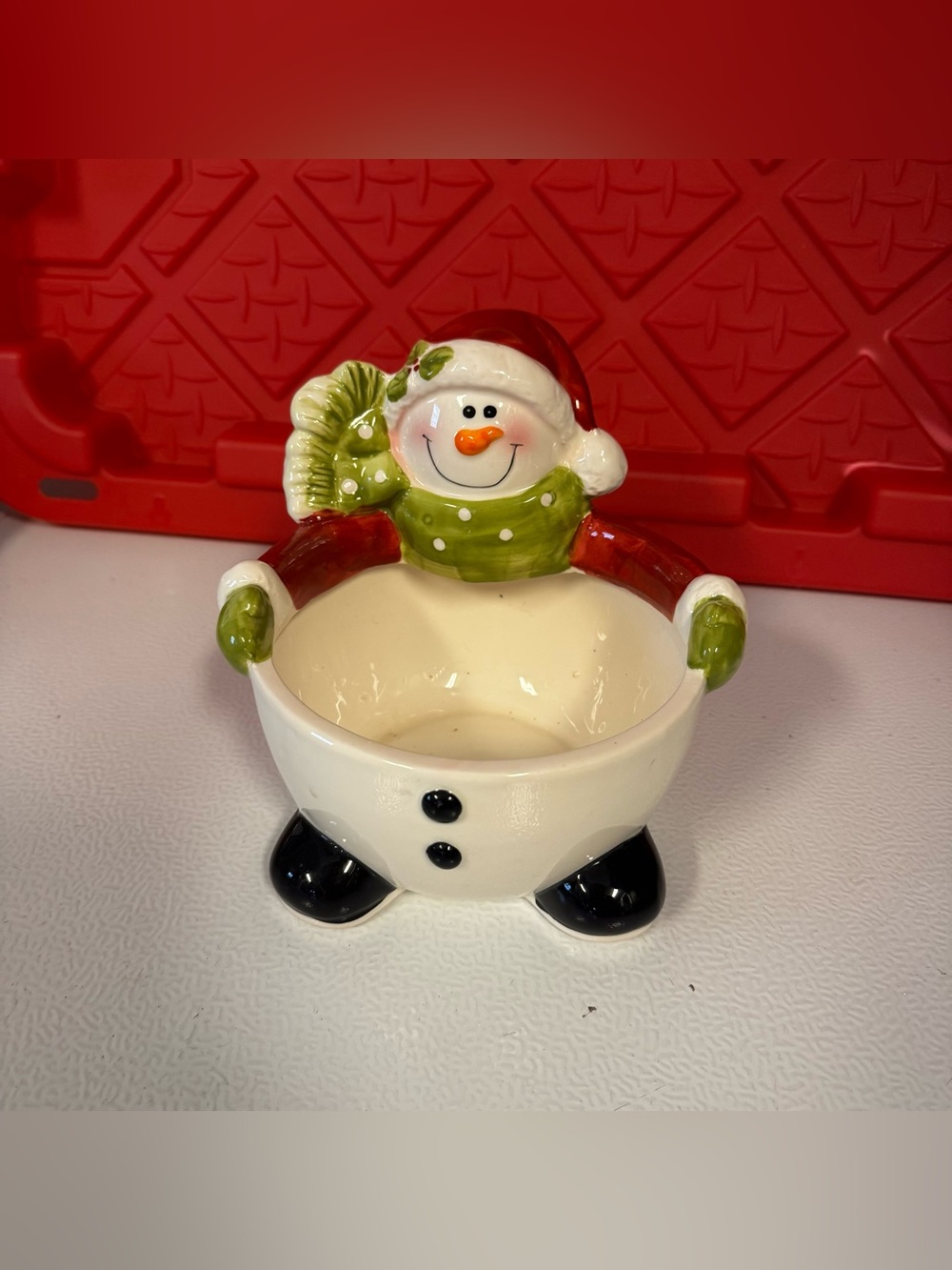 Holiday Snowman Candy Dish - White, Red, Green
